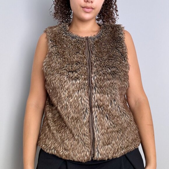 Y2K Attention Brown Faux Fur Zip-up Sleeveless Sweater Vest - Picture 1 of 4